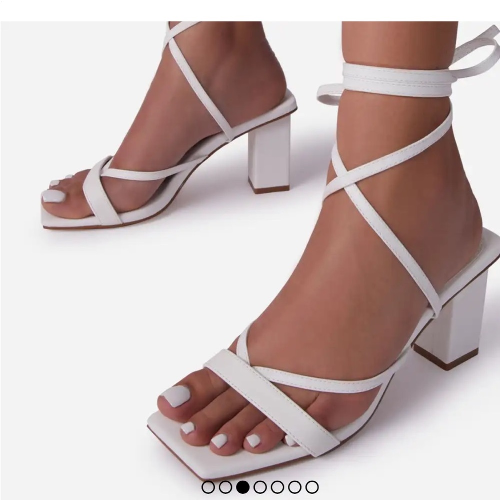 EUPHORIC STRAPPY LACE UP SQUARE TOE LOW BLOCK HEEL IN WHITE FAUX LEATHER